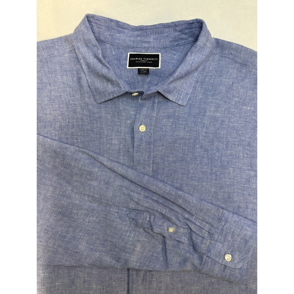 Charles Tyrwhitt Mens XXL Blue 100% Linen Regular Fit Long Sleeve Button Up